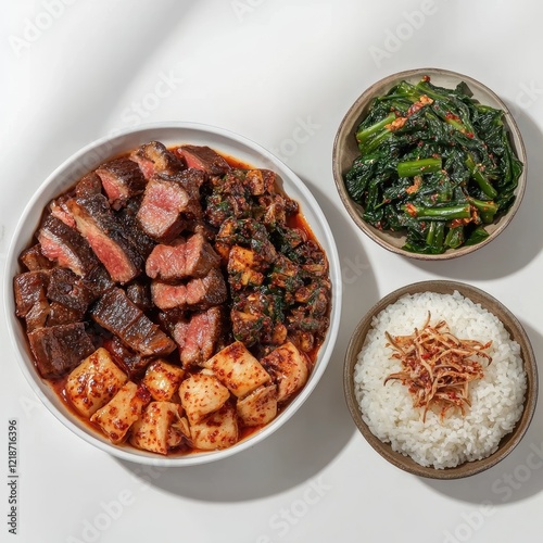 Delicious Korean beef, rice, and spinach side dish.  Perfect for a food blog or restaurant menu photo