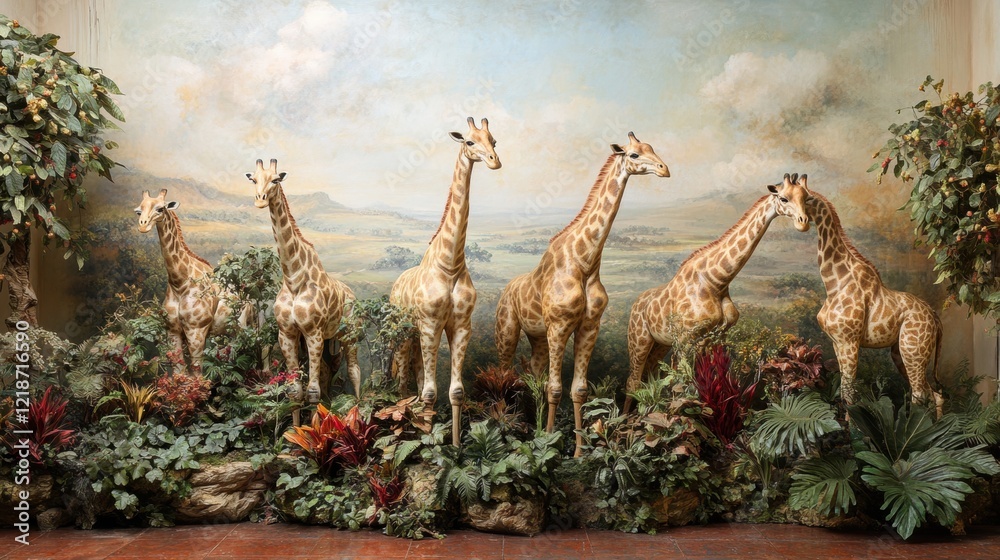 Fototapeta premium Giraffes in a Natural Exhibition Surrounded by Lush Foliage