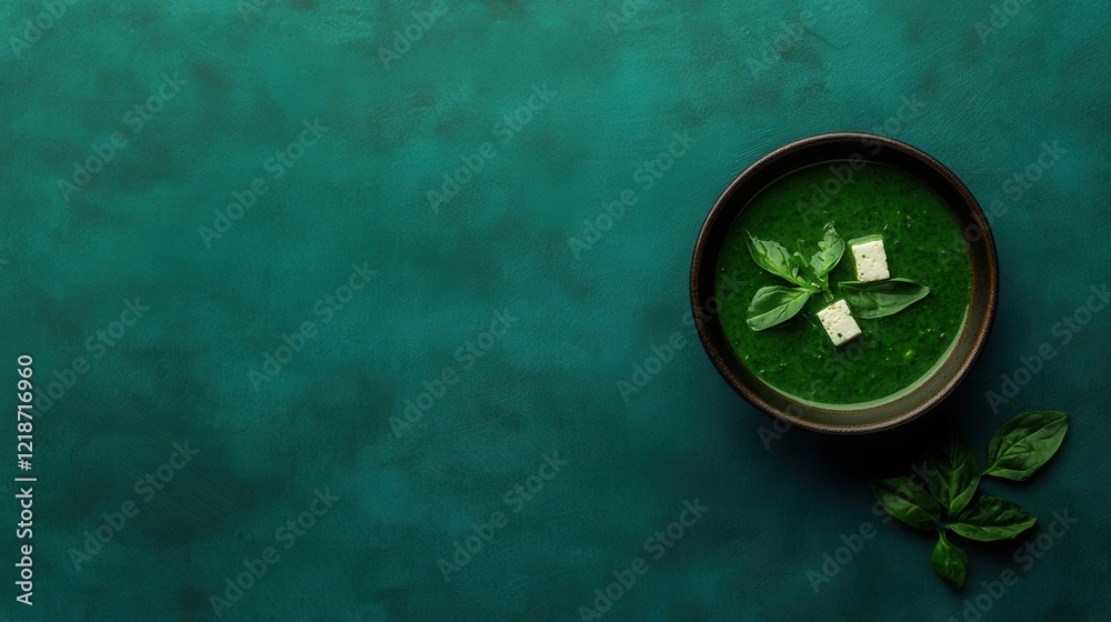 Green soup with fresh basil tofu on textured background Green soup with fresh basil tofu on textured background