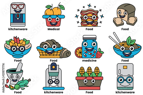 A set of illustrations in the concept of food and electrical appliances with facial expressions