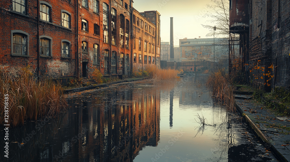 Fototapeta premium Abandoned Industrial Site Near Calm Water Reflection