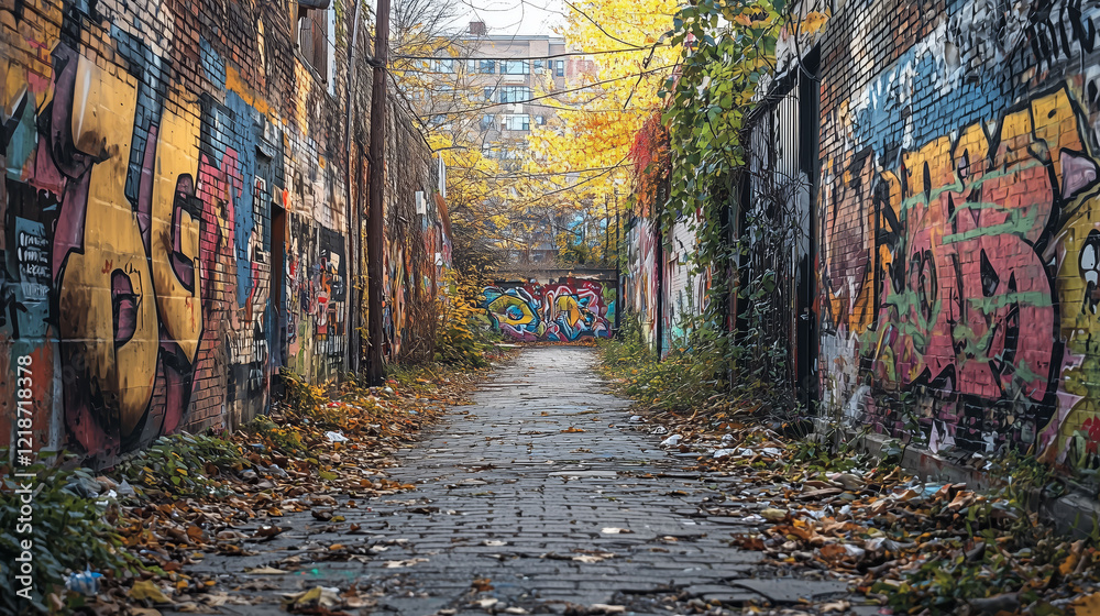 Fototapeta premium Urban Alleyway with Colorful Graffiti and Leaves