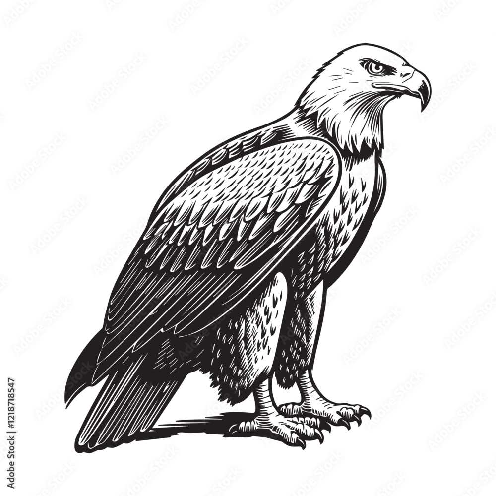 Fototapeta premium Black and White silhouette Eagle Line Art with Intricate Feather Details and Powerful Close-Up Perspective