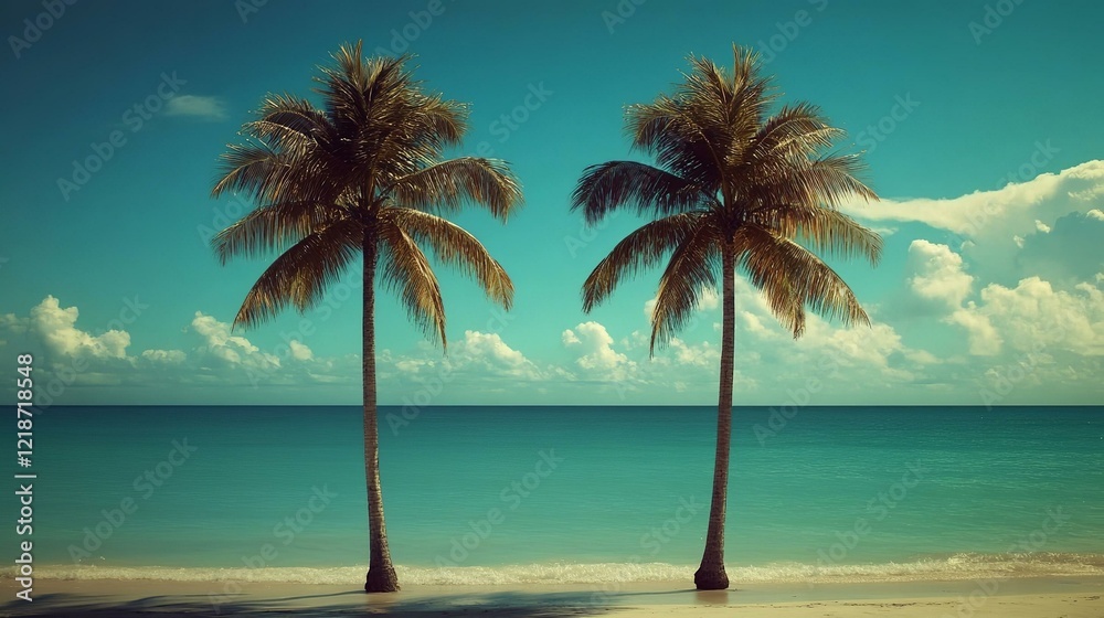 Obraz premium Tropical paradise: twin palm trees by the ocean with blue sky and white clouds in the background