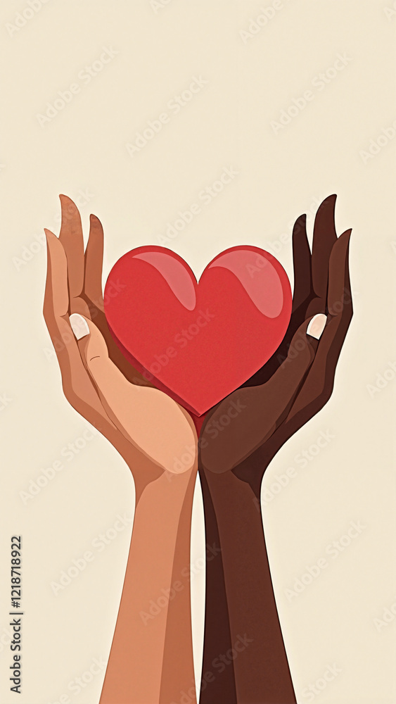 Minimalist Flat Design of Diverse Hands Holding Vibrant Hearts, Ideal for Charity Campaigns, Social Media, and Fundraising Materials Minimalist Flat Design of Diverse Hands Holding Vibrant Hearts, Ideal for Charity Campaigns, Social Media, and Fundraising Materials