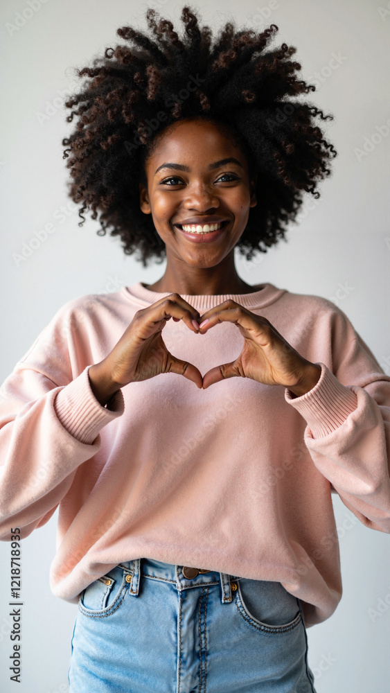 Warm and Joyful African American Woman Making Heart Gesture, Ideal for Dating Apps, Relationship Blogs, and Greeting Cards Warm and Joyful African American Woman Making Heart Gesture, Ideal for Dating Apps, Relationship Blogs, and Greeting Cards