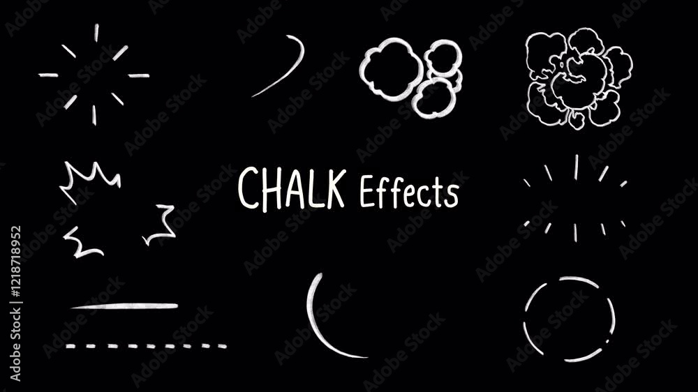 Set of chalk effects, poping radiant ray vfx, smoke, running underline, smoke, round circle swoosh, Hand-drawn pencil animation on a transparent background, alpha channel
