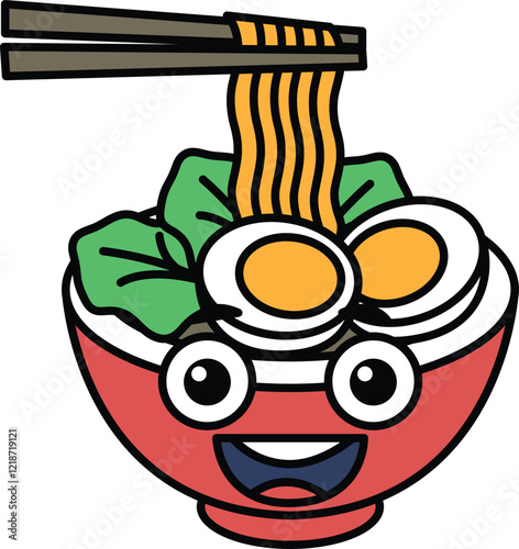 A cartoon bowl of ramen noodles with a smiling face and chopsticks