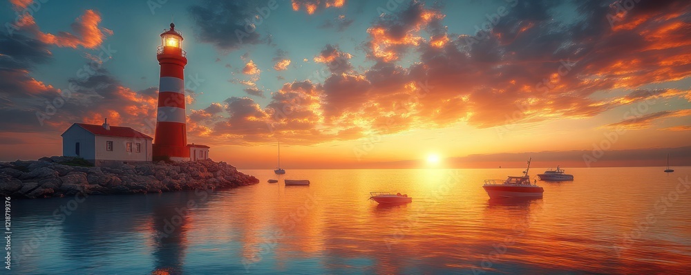 Fototapeta premium Serene Sunset at the Lighthouse: A Coastal Masterpiece