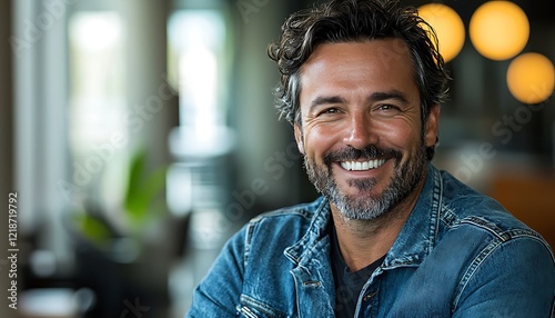 A portrait of a happy man in his 40s, wearing a rugged denim jacket, smiling against the sleek backdrop of a corporate office.