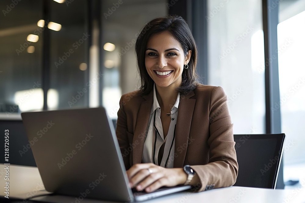 Smiling 30s latin hispanic middle-aged business woman working on laptop computer in modern office. Smiling 30s latin hispanic middle-aged business woman working on laptop computer in modern office.