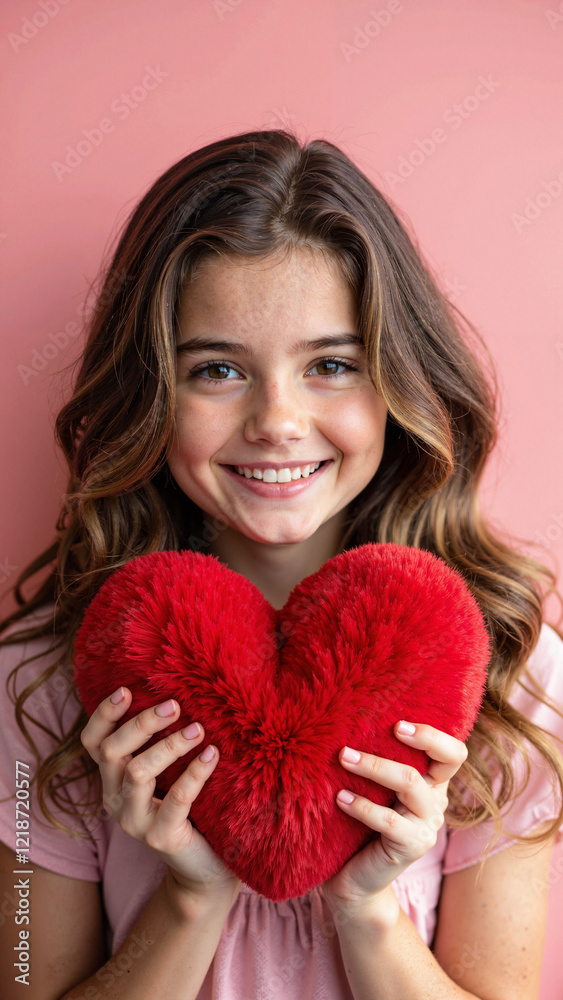 Enchanting young woman embracing a vibrant red heart, perfect for Valentine's Day marketing, greeting cards, and romantic social media campaigns. Enchanting young woman embracing a vibrant red heart, perfect for Valentine's Day marketing, greeting cards, and romantic social media campaigns.