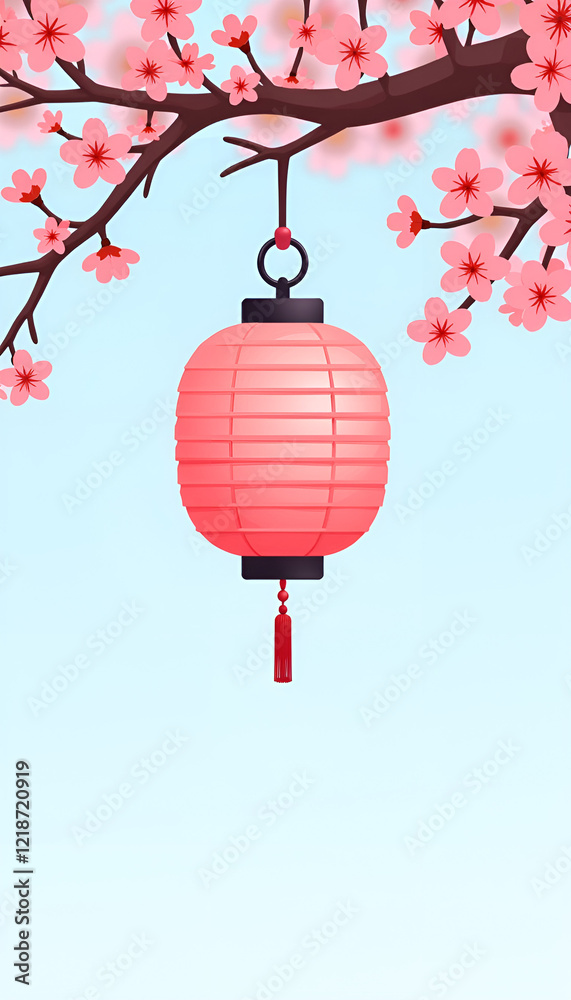Obraz premium Cherry blossom lantern Delicate Pink Paper Lantern Among Cherry Blossoms Against Serene Sky