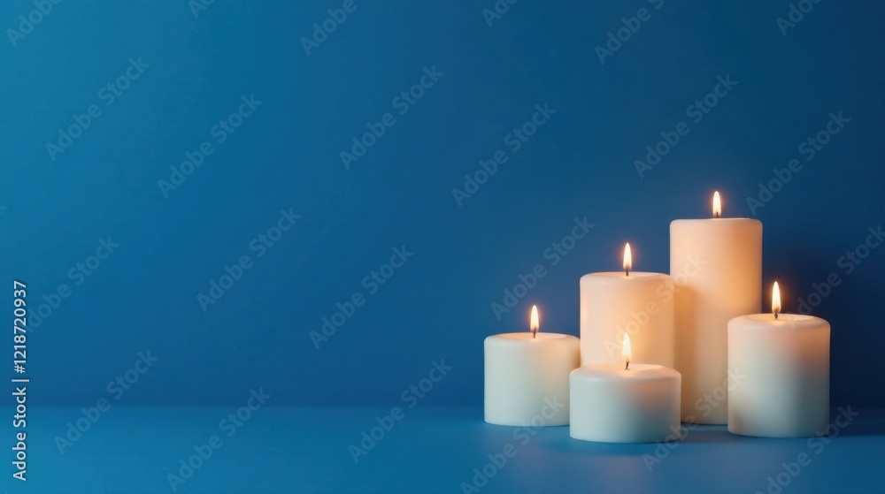 Serene Illuminated Candles on a Deep Blue Background, Creating a Peaceful and Tranquil Atmosphere Serene Illuminated Candles on a Deep Blue Background, Creating a Peaceful and Tranquil Atmosphere
