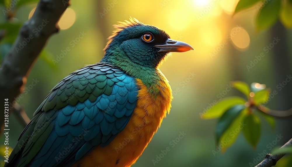 A vibrant bird with detailed feathers perched in the golden sunlight amongst green leaves A vibrant bird with detailed feathers perched in the golden sunlight amongst green leaves