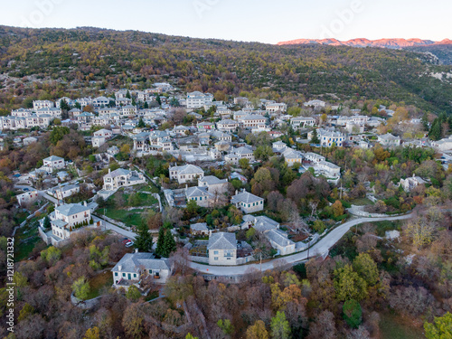 Aerial drone view of Traditional stone building in Monodendri village, Zagori Greece, Vikos Gorge national park in Vikos-Aoos in northern Greece. photo
