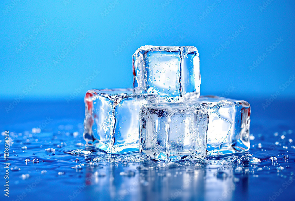 Melting Ice cubes with water drops on a table. Clear ice  in cube shape. Frozen water. Ice maker. Fake or Artificial acrylic or plastic ice cubes.  White light blue background.