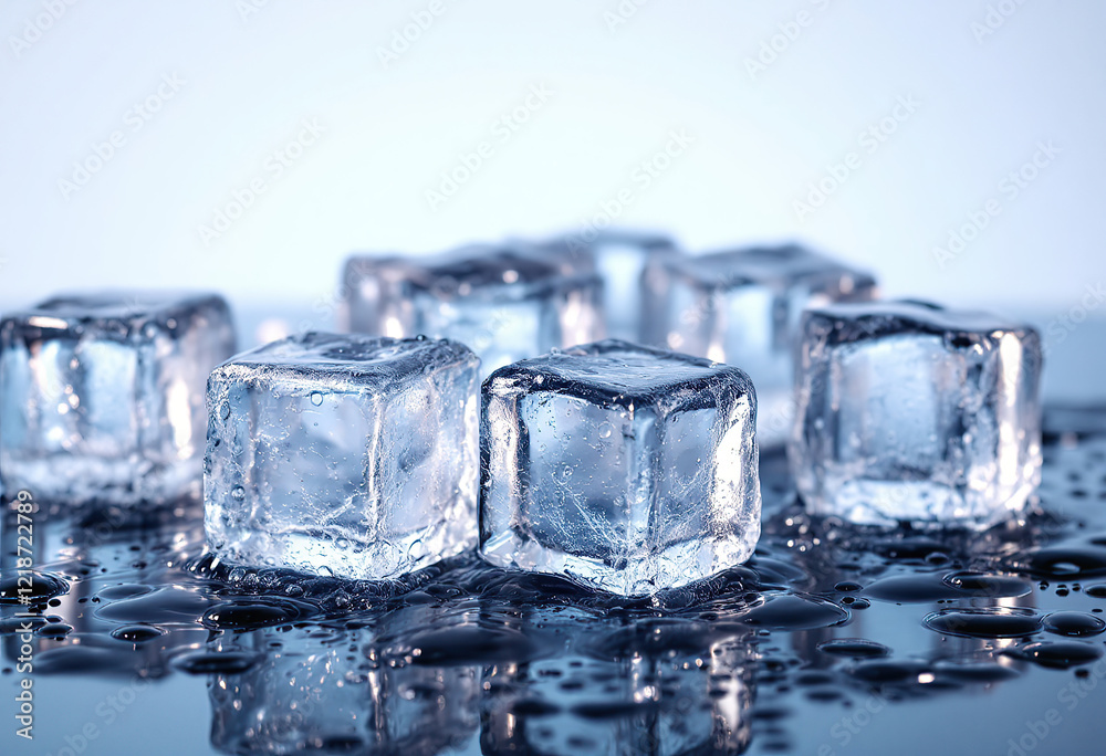 Melting Ice cubes with water drops on a table. Clear ice in cube shape. Frozen water. Ice maker. Fake or Artificial acrylic or plastic ice cubes. White light blue background. Melting Ice cubes with water drops on a table. Clear ice in cube shape. Frozen water. Ice maker. Fake or Artificial acrylic or plastic ice cubes. White light blue background.