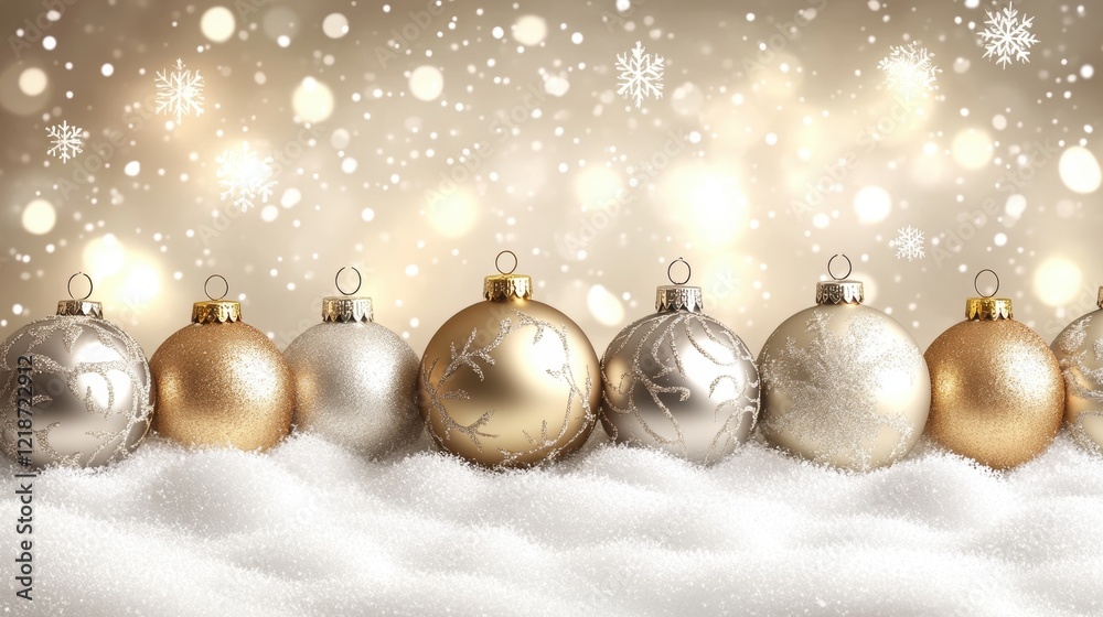 Elegant Christmas Ornaments on Snowy Background with Soft Bokeh Elegant Christmas Ornaments on Snowy Background with Soft Bokeh