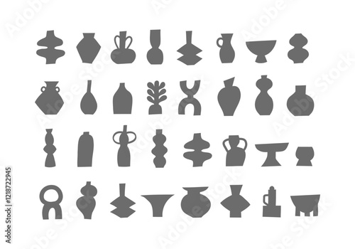 Set of different pottery vases and ceramic shapes. Silhouette Icons. Vector illustration.