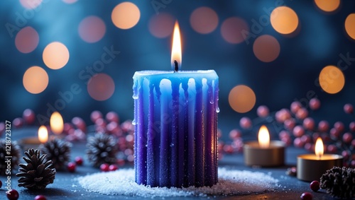 Red Christmas candles burn brightly near a decorated tree, casting warm holiday light