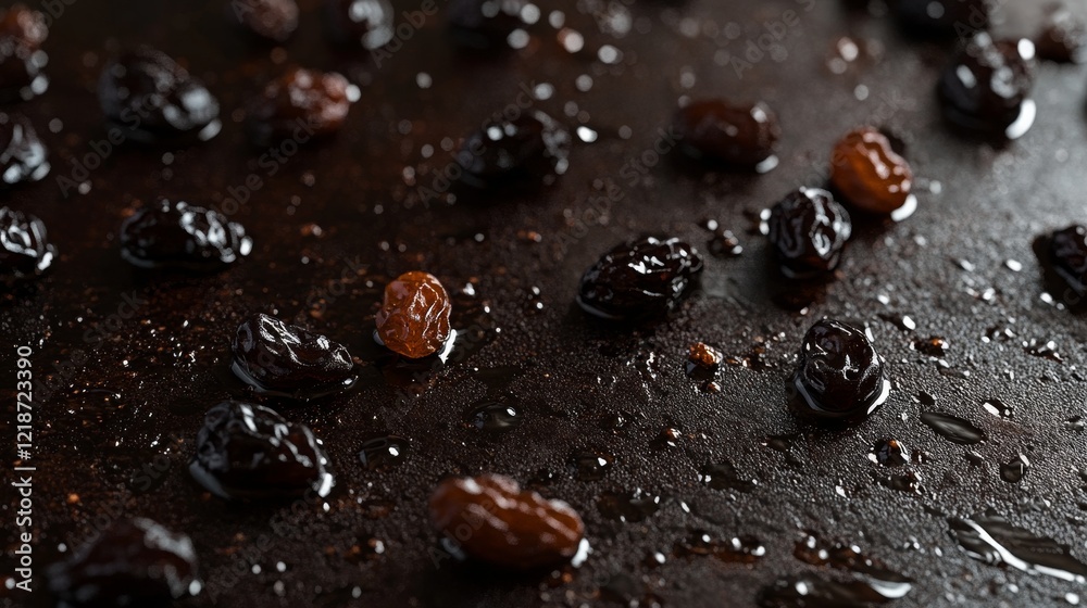 3D realistic raisins scattered on a surface.