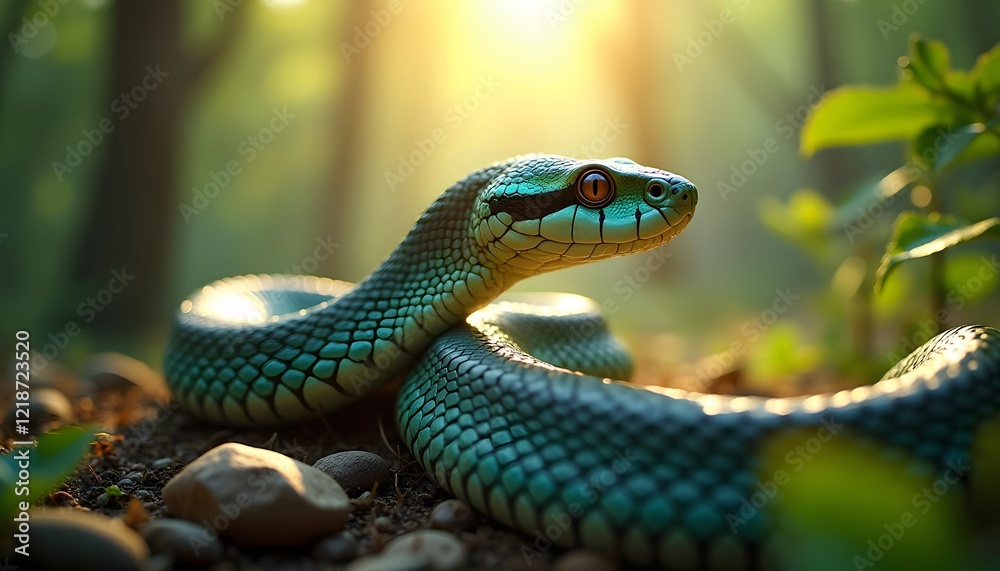 Fototapeta premium A Vibrant Green Snake in its Natural Habitat with Sunlight Filtering Through Trees