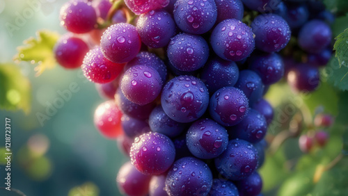 Wallpaper Mural Clusters of ripe grapes glisten with dew in a vineyard during early morning sunlight, showcasing the freshness and vibrancy of new growth in a lush agricultural landscape Torontodigital.ca