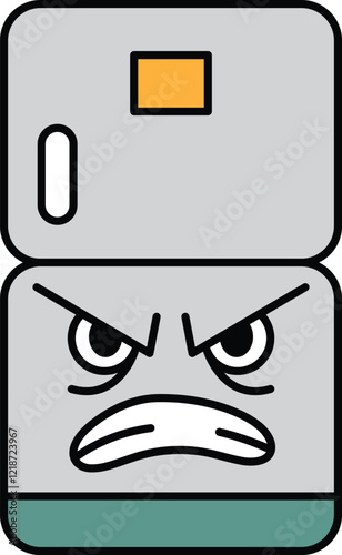 A cartoonish refrigerator with an angry face on it