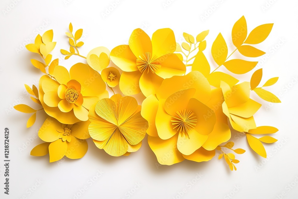 Fototapeta premium Vibrant Yellow Paper Flowers Arrangement on White Background