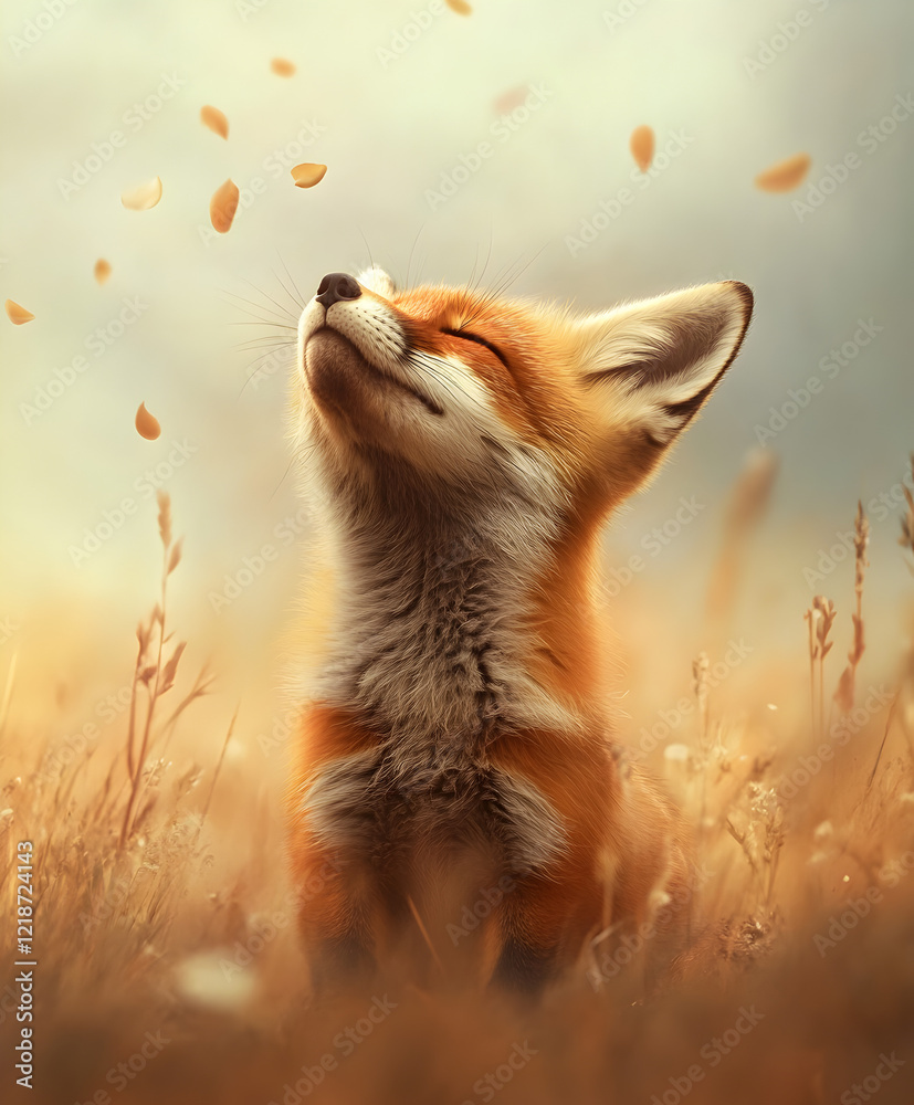Obraz premium A fox cub sneezing while sitting in a meadow, with flowers scattering in the air.