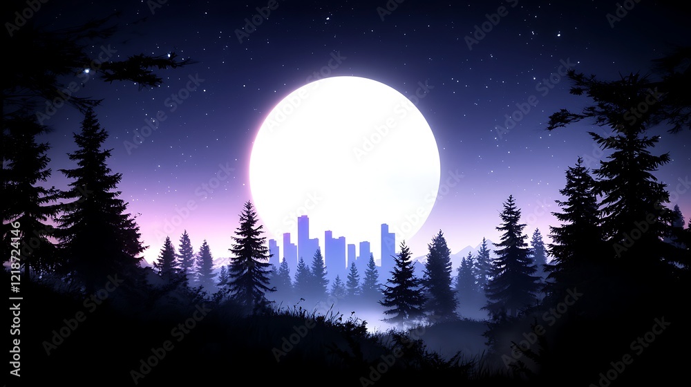 Naklejka premium Pixel Art City Skyline at Night, Moonlit Forest Landscape