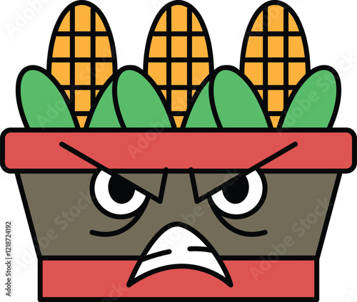 A cartoonish face with a frowning expression and a red pot with corn