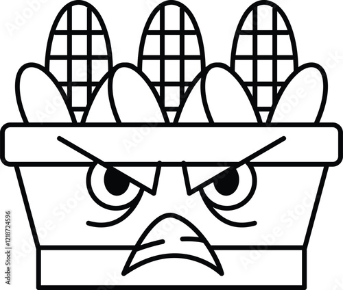 A cartoonish face with a frowning expression and a pot with corn