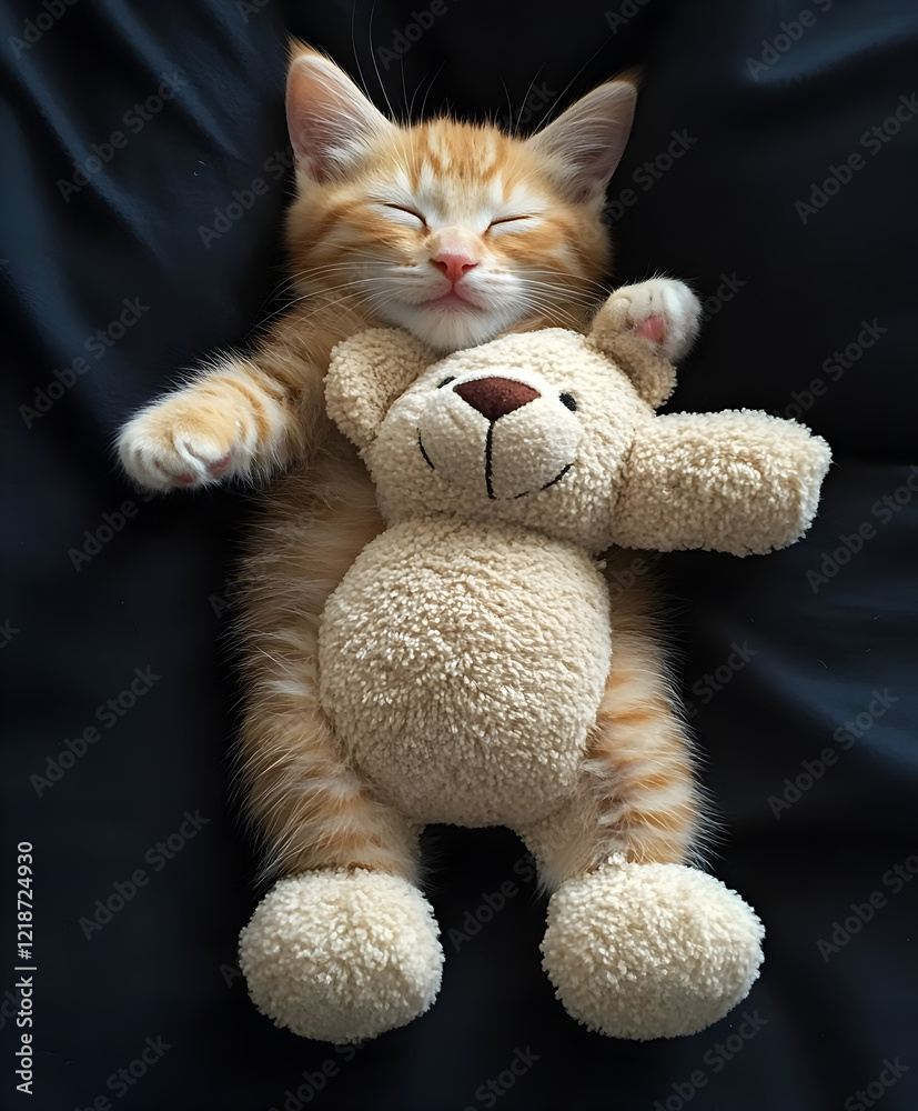 Fototapeta premium A kitten sleeping on top of a stuffed bear, completely sprawled out.