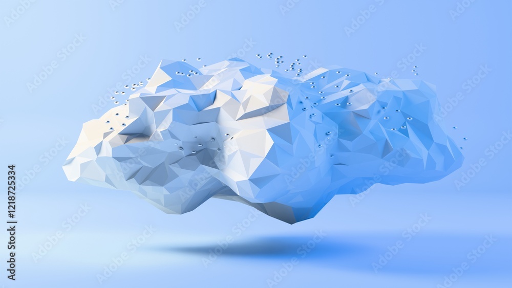 Abstract Polygonal Cloud with Metallic Droplets on Blue Background Abstract Polygonal Cloud with Metallic Droplets on Blue Background