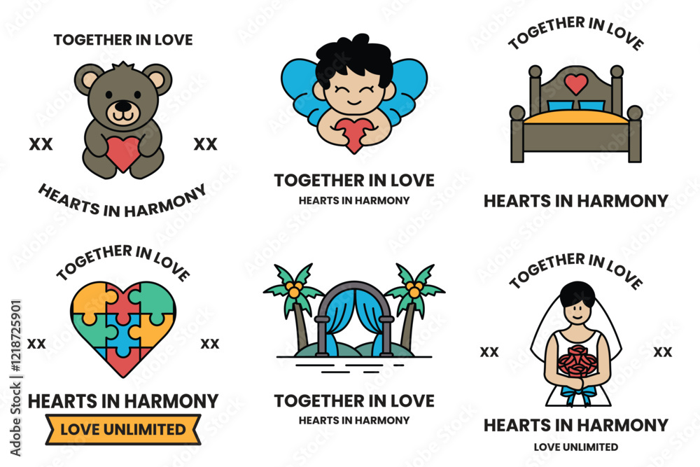 Fototapeta premium set of illustrations in the concept of Love and Valentines in line drawing style