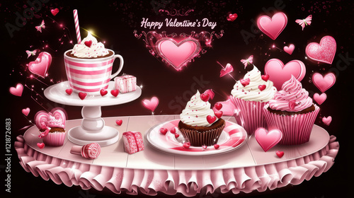 A delightful display of pink-themed desserts, perfect for Valentine's Day, featuring cupcakes, a milkshake, and hearts.