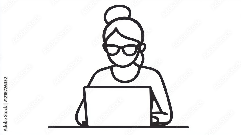 Woman Working on Laptop in Simple Line Art Style with Glasses Woman Working on Laptop in Simple Line Art Style with Glasses