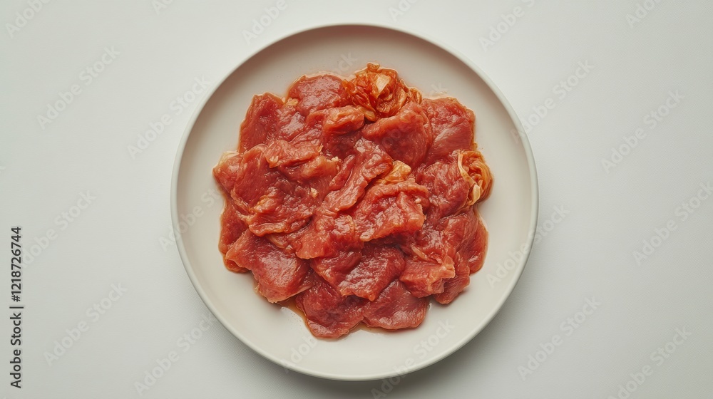 Freshly Sliced Raw Beef on a White Plate for Culinary Purposes Freshly Sliced Raw Beef on a White Plate for Culinary Purposes