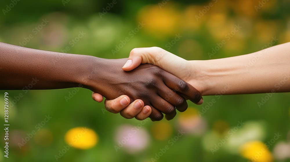 Positive interaction in nature handshake exchange in a beautiful garden setting Positive interaction in nature handshake exchange in a beautiful garden setting