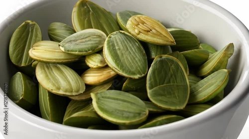 Fresh green pumpkin seeds filling a white bowl, placed on a gray background, representing healthy eating and natural ingredients video 4k