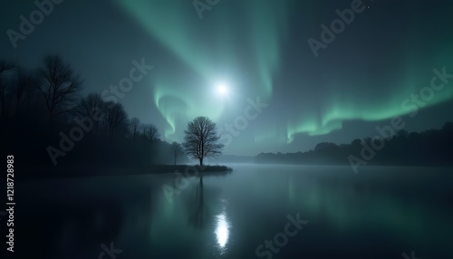 Magical night scenery with aurora borealis and moon over a misty lake at night