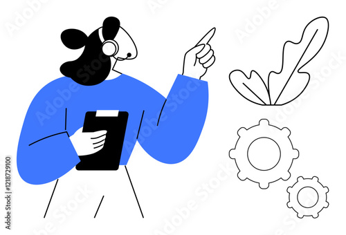 Woman holding clipboard, wearing headset, pointing with finger. Visible gears, leaf. Ideal for consultation, guidance, technology, process improvement customer service productivity innovation