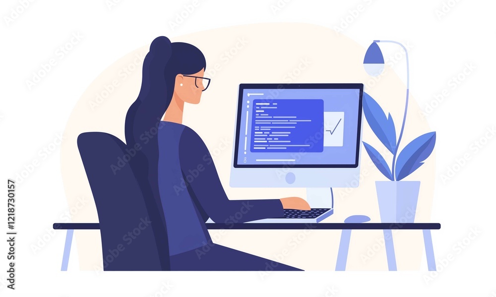 Modern women work at the screen with coding in computer programs. Modern women work at the screen with coding in computer programs.
