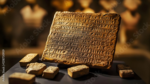 Ancient cuneiform inscription on clay tablet. Historical artifact display.