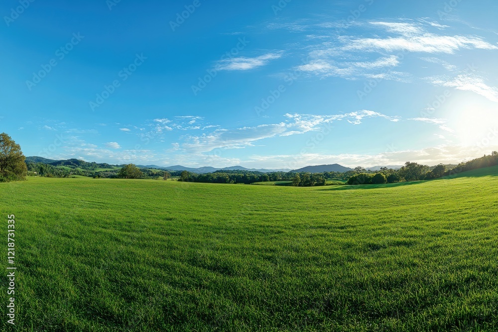 A panoramic view of a lush green field under a bright blue sky with distant mountains. A panoramic view of a lush green field under a bright blue sky with distant mountains.