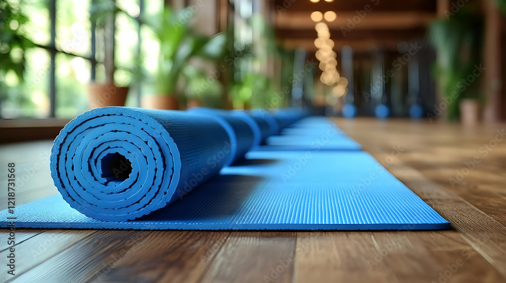 Rolled yoga mats in studio, class prep Rolled yoga mats in studio, class prep