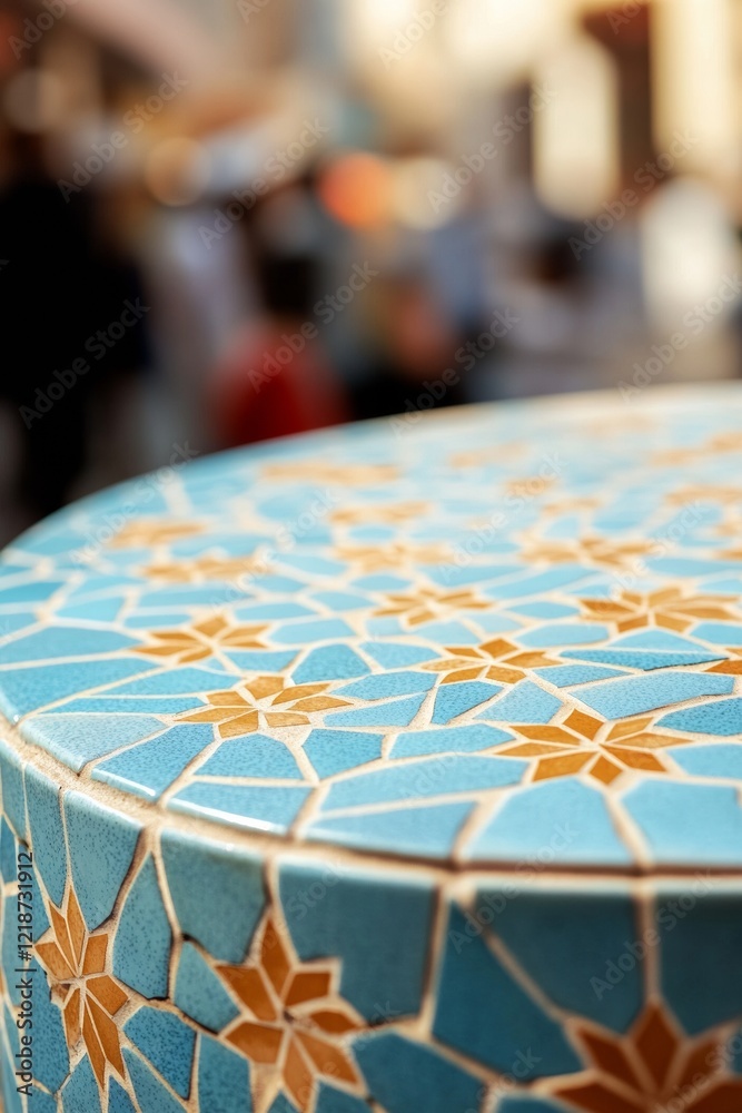 Fototapeta premium Trend-Driven Islamic Mosaic Art Vivid Blue and Gold Tiles in Marketscape - Cultural Celebration and Holiday Decor for Event Planners and Lifestyle Brands