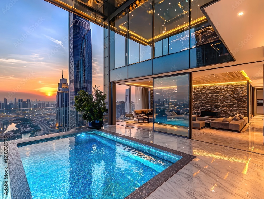 Obraz premium A stylish penthouse in Dubai, featuring an expansive balcony, swimming pool, and panoramic city skyline with iconic skyscrapers and a sunset backdrop.